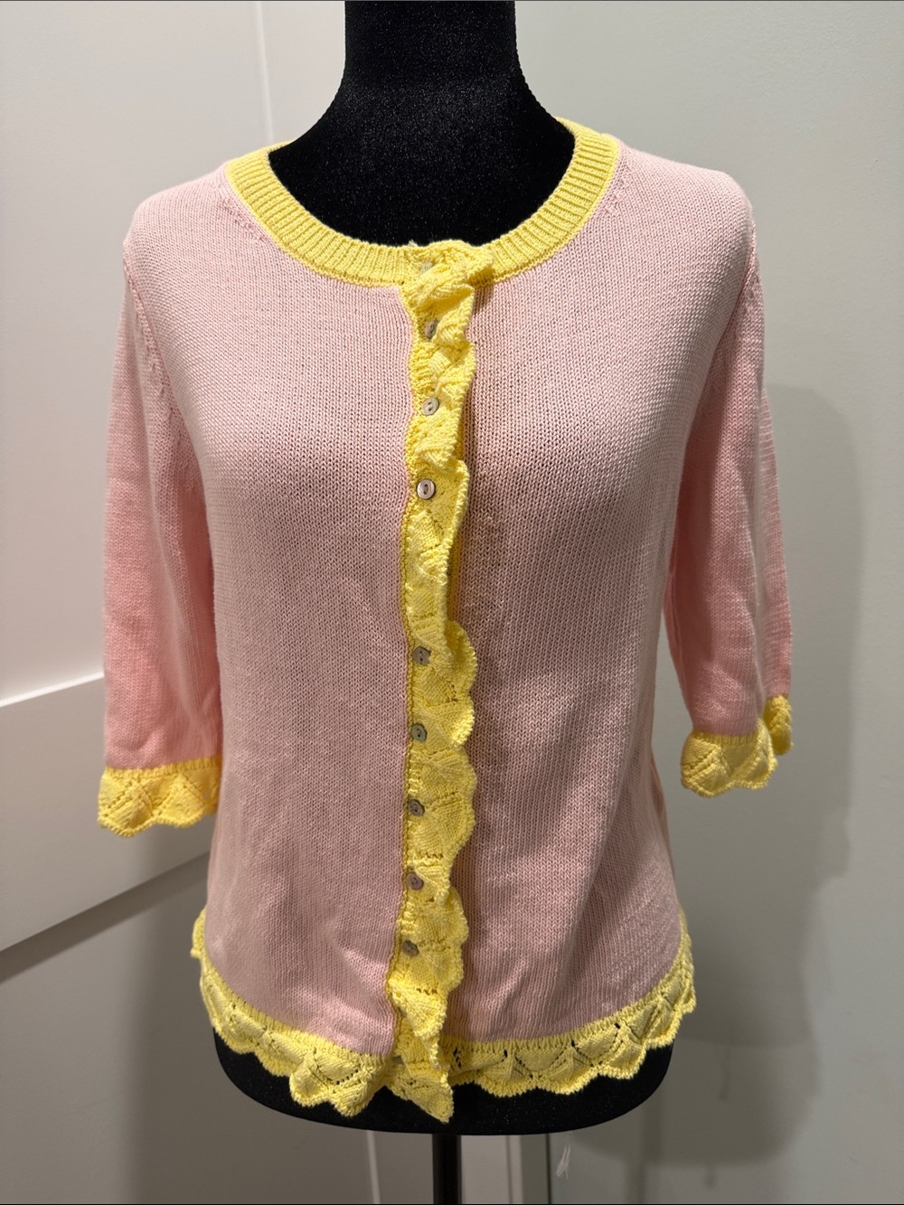 Zara Women’s Pink Knit Cardigan with Yellow Trim Medium